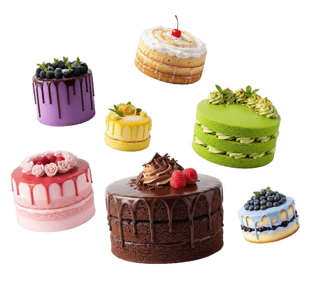 Variedad de pasteles de diferentes tipos y colores